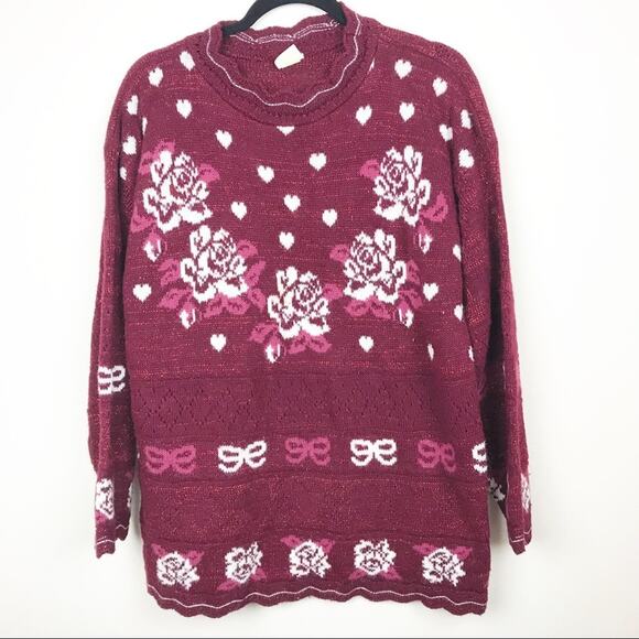 Vintage Sweaters - Holiday Time Vtg Valentines Day Rose Sweater Size Medium Heart Scallop